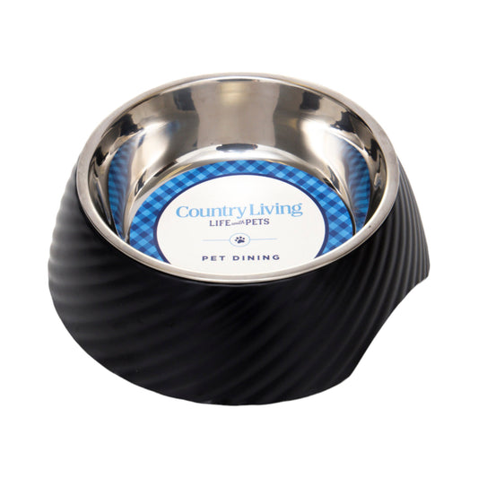 Country Living Set of 2 Round Twill Melamine Dog Bowls with Removable Stainless Steel Inserts – Black